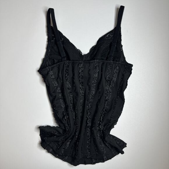 Y2K Black Lace Glitter Ruffle Cami Top Coquette Corset Lingerie Style S Goth - Picture 4 of 8